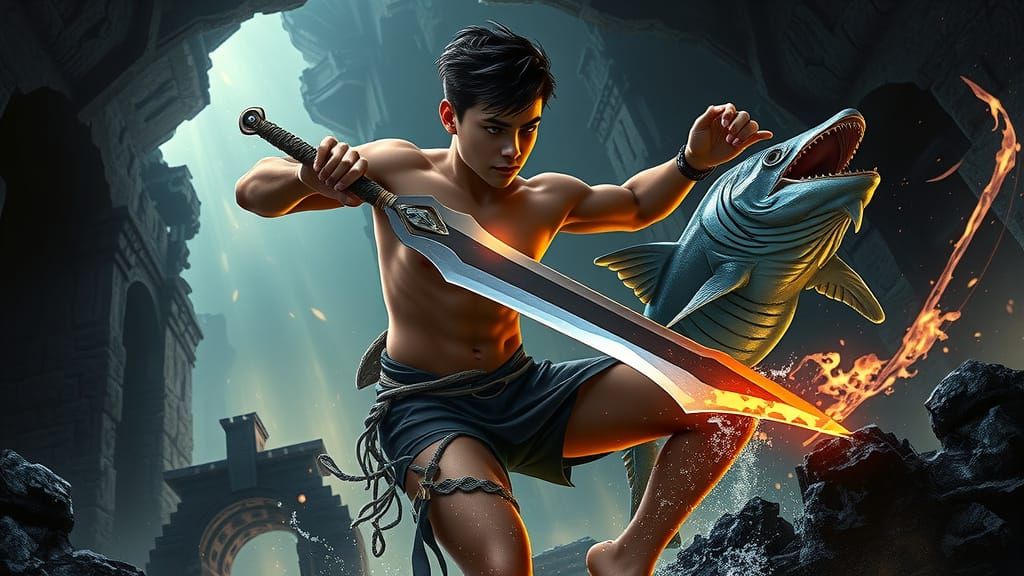 Heroic Adolescent Battles Fearsome Barracuda Amidst Ancient ...