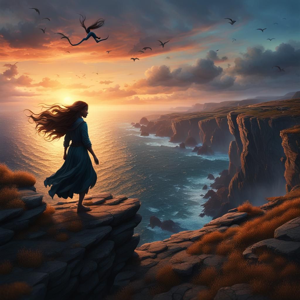 Silhouette of Girl on Cliff at Sunset