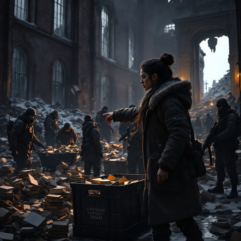 Scavengers Save Books in Damaged Library