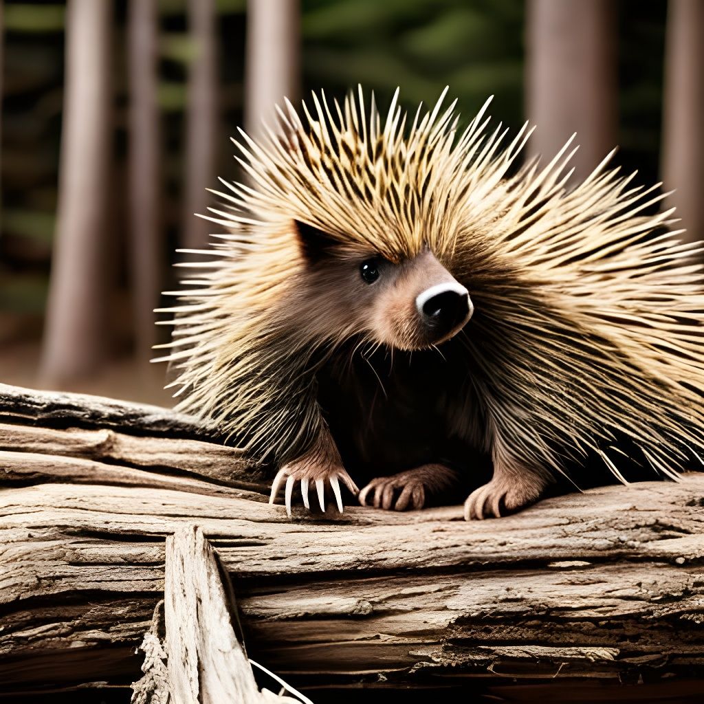 Porcupine Mother and Baby on Log: Hyper-Realistic Photo