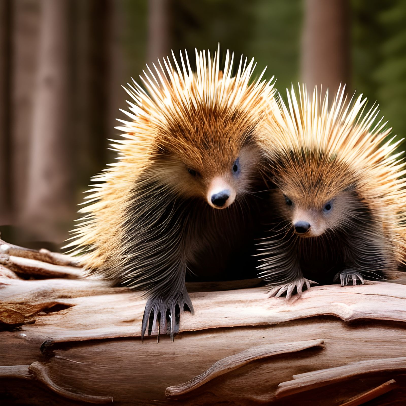 Porcupine Mom and Baby on Log, Hyper-Realistic Photo