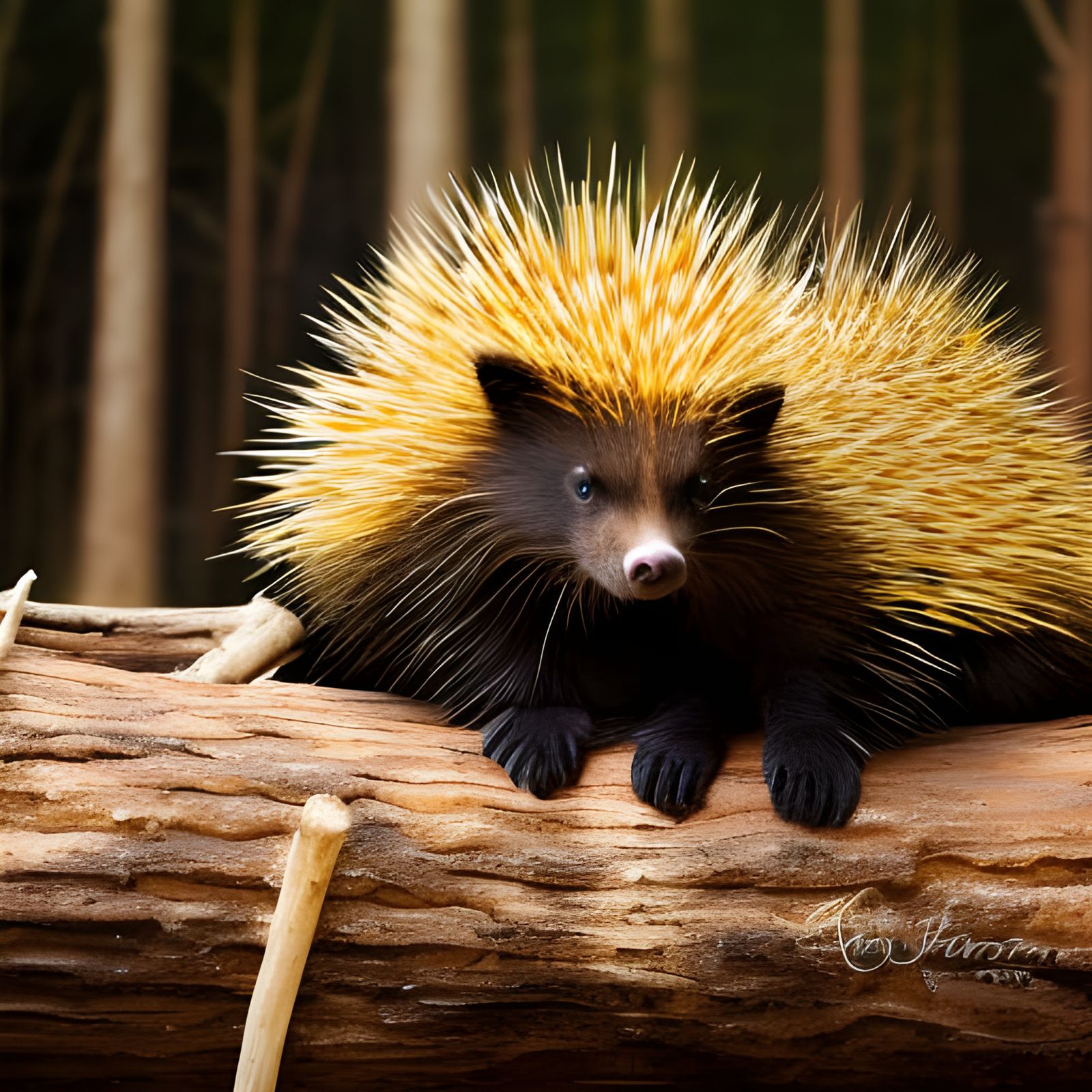 Porcupine Mom and Baby on Log, Hyper-Realistic