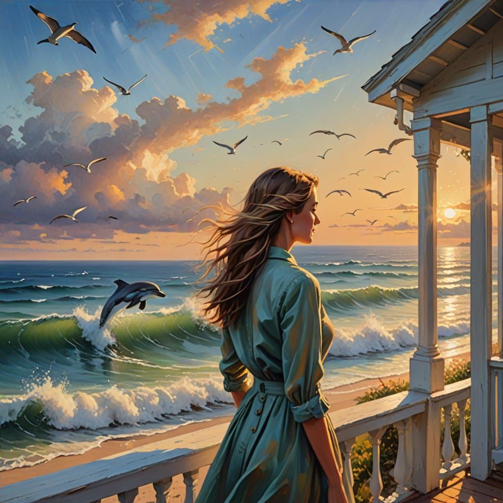 Ethereal Lady by the Sea in Vibrant Oil Painting Style