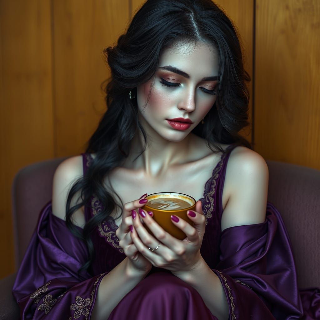 Surreal Woman Sits Serenely with Cinnamon Latte in Golden Wo...