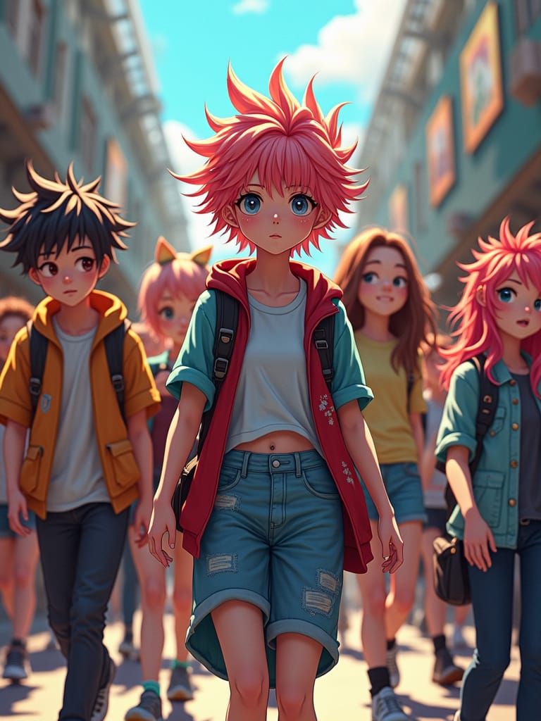 Vibrant Anime Teens in Chaotic Parade Scene