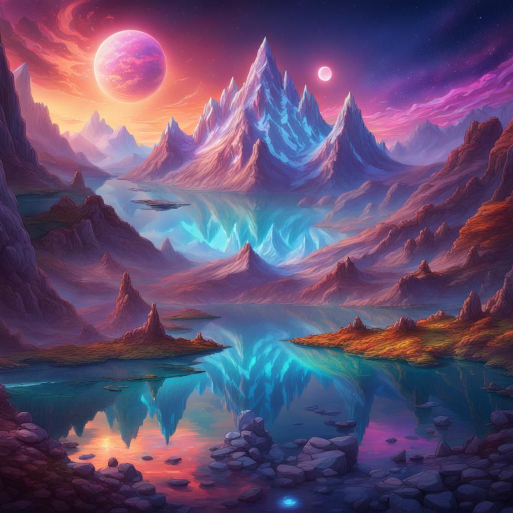 Cosmic Mountains Behind Lake as Detailed Matte Painting