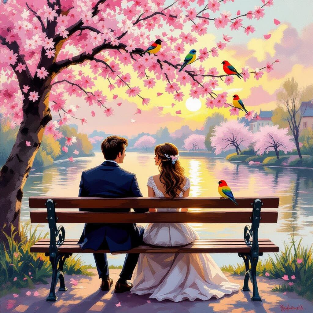 Romantic Couple in Sakura Garden Oil Painting