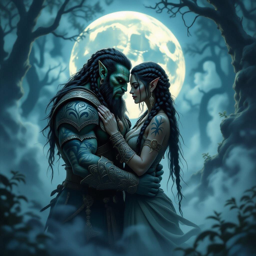 Orc Couple Embrace Under Moonlight: Dark Fantasy Art