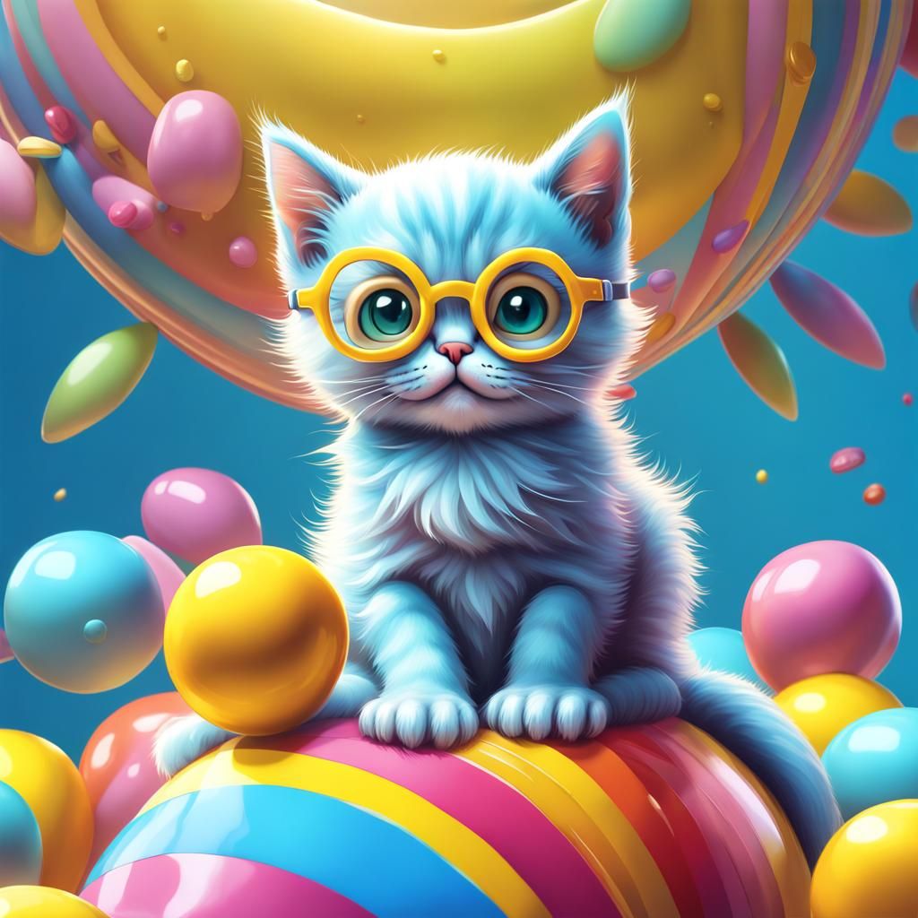 Blue Kitten with Glasses in Candy Land Art