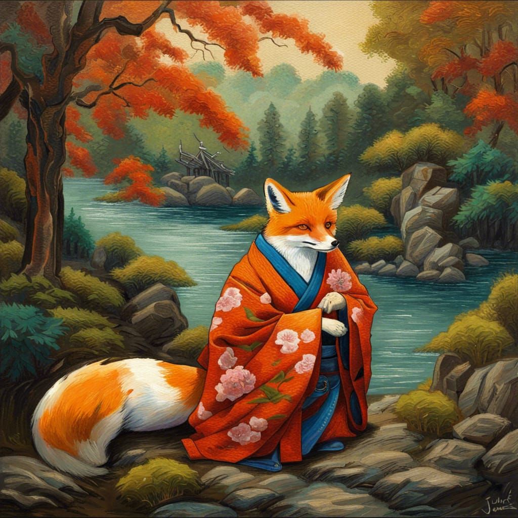Kitsune in Kimono: Van Gogh-Style Bamboo Forest