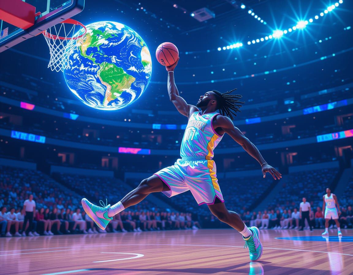 Surreal Basketball Player with Glowing Earth Ball