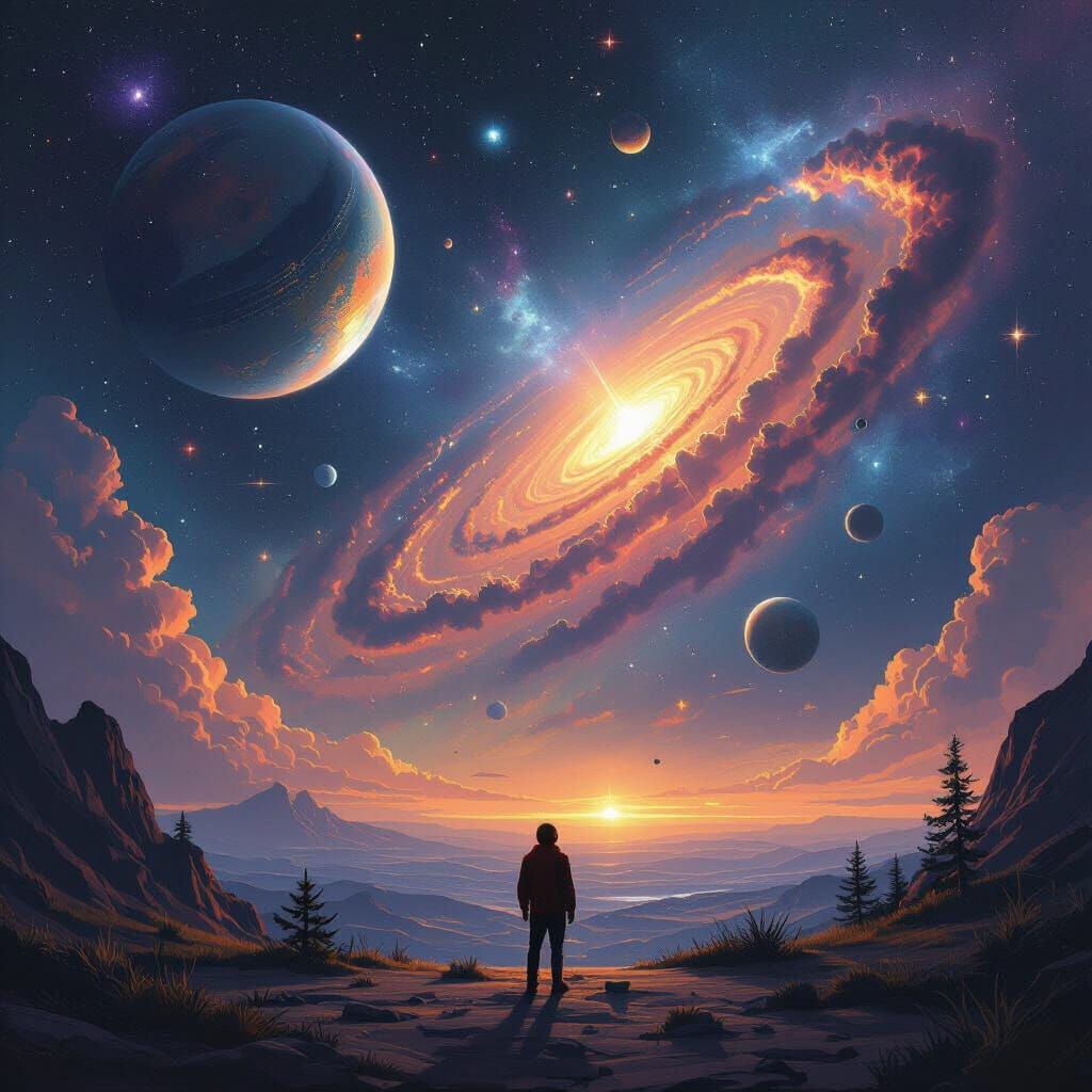 Cosmic Universe of Planets and Galaxies in Sci-Fi Style