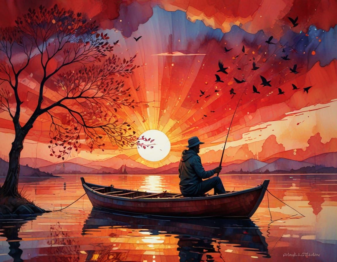 Fisherman Silhouette at Fiery Sunset with Geometric Shapes