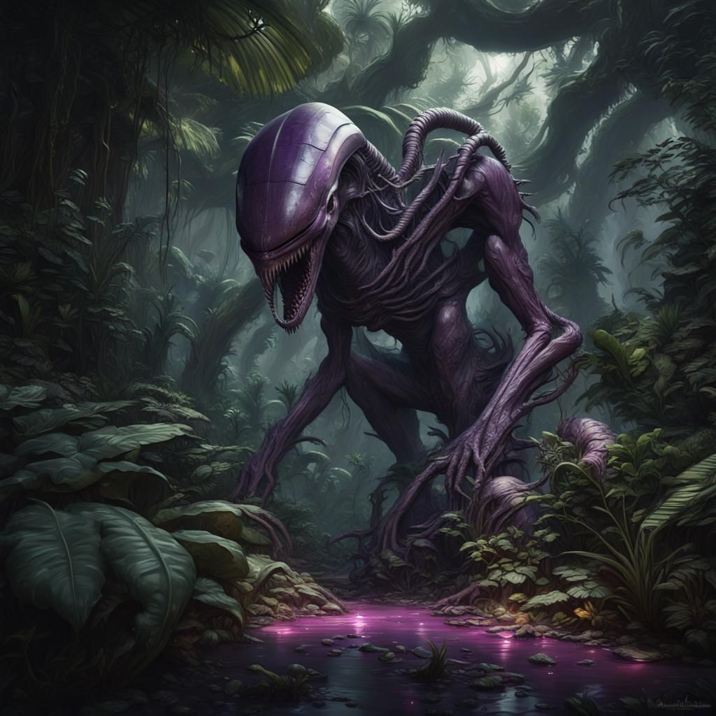Alien Jungle with Roaming Xenomorphs: Dark Fantasy Art