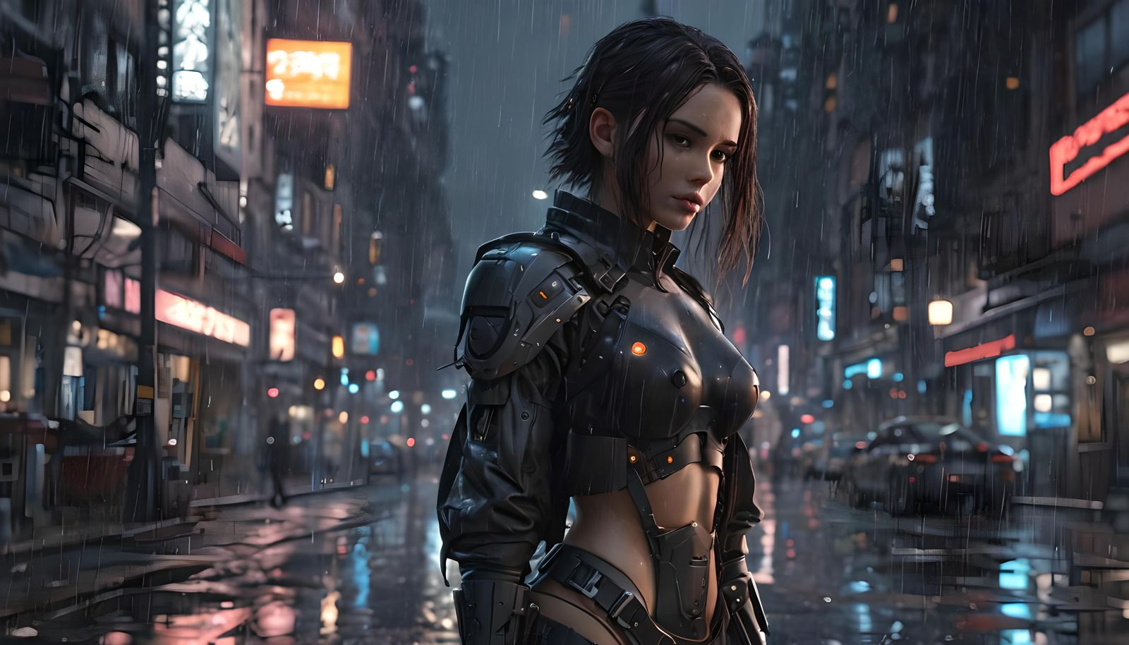 Beautiful Cyberpunk Woman in Rainy Cityscape