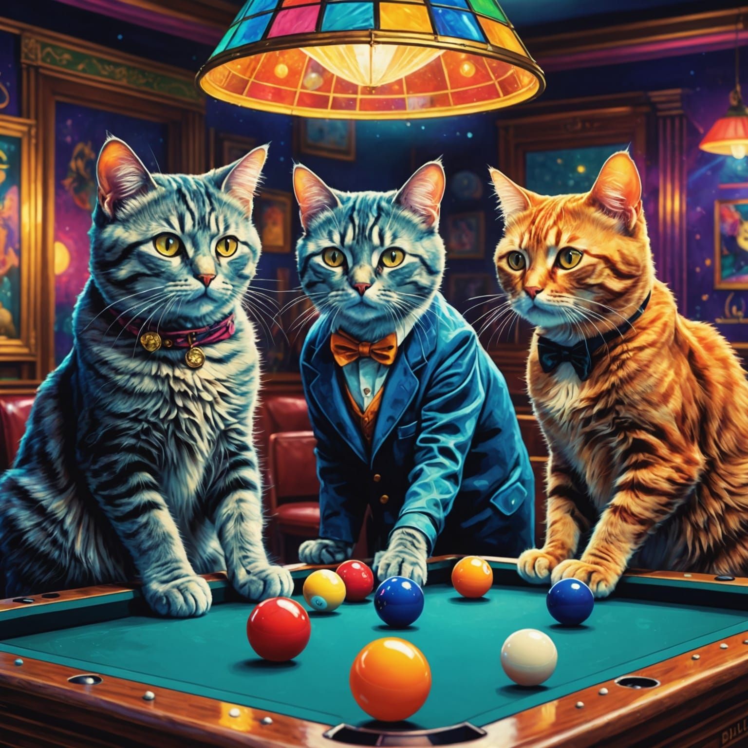 Cats Play Pool in 1920s Speakeasy, Holographic Illustration