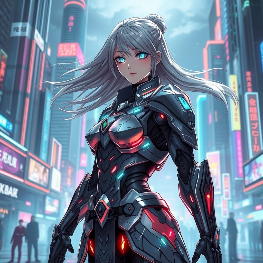 Anime-Inspired Android Warrior Guards Futuristic City