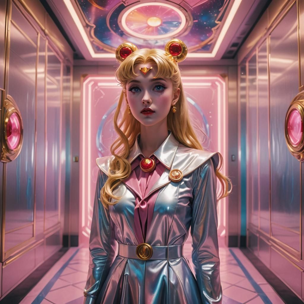 Sailor Moon in Surreal Elevator, Dreamlike Pop-Art