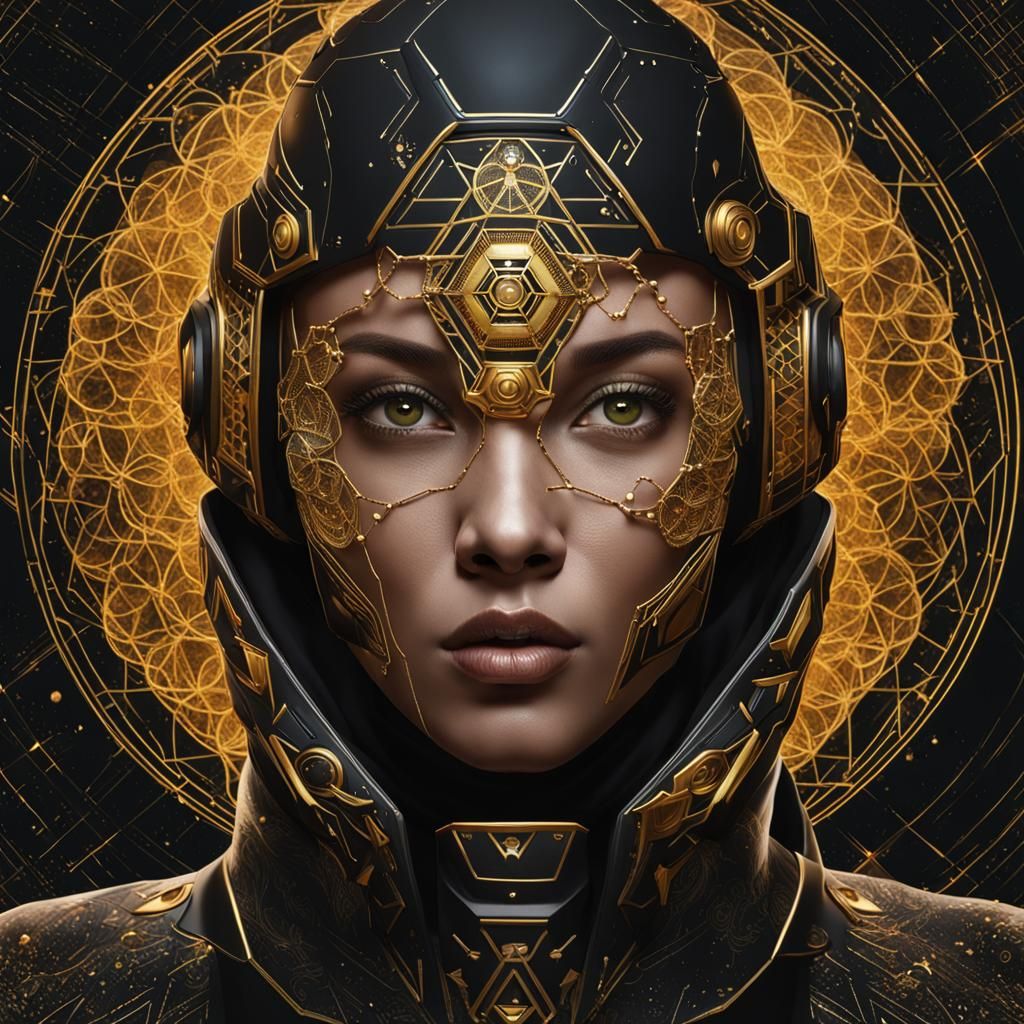 Woman in Sci-Fi Helmet with Geometric Details