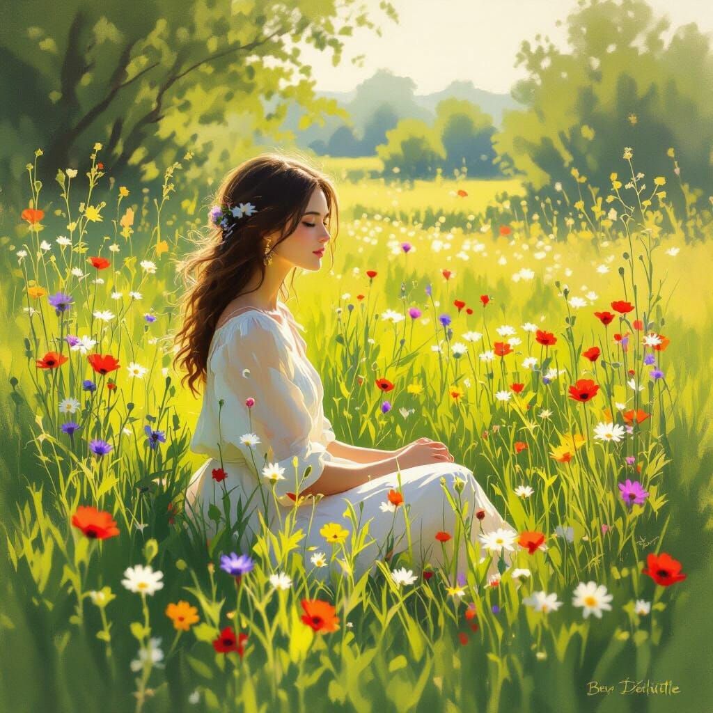 Serene Woman in Meadow: Impressionist Anime Style