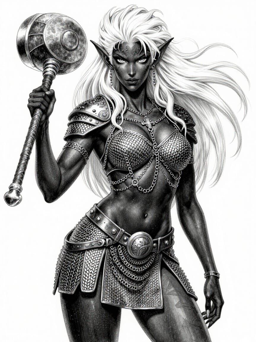 Dark Elf Warrior with Mace in Charcoal Style