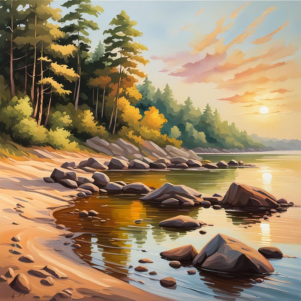 Scenic Beach by River in Warm Colors as Oil Painting
