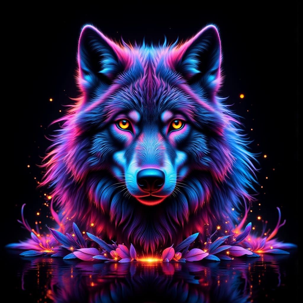 Ethereal Neon Timber Wolf Radiates Intensity Under Black Lig...