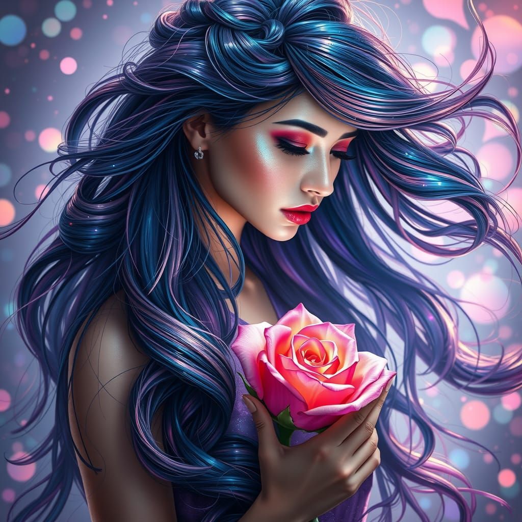Chromatic Woman with Rose in Surreal Landscape