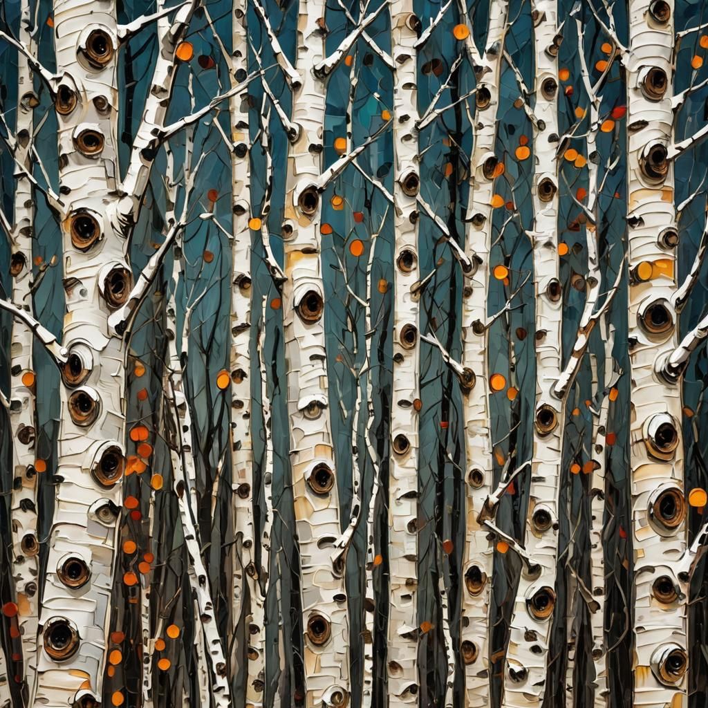 Christmas Birch Tree Forest in Impasto Style