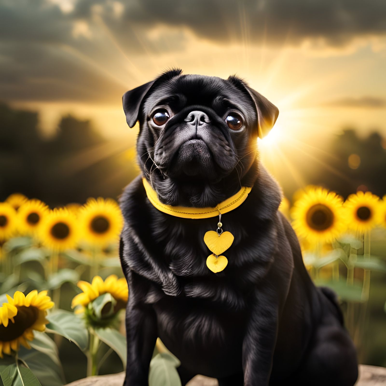 Black Pug in Sunflowers with Divine Light