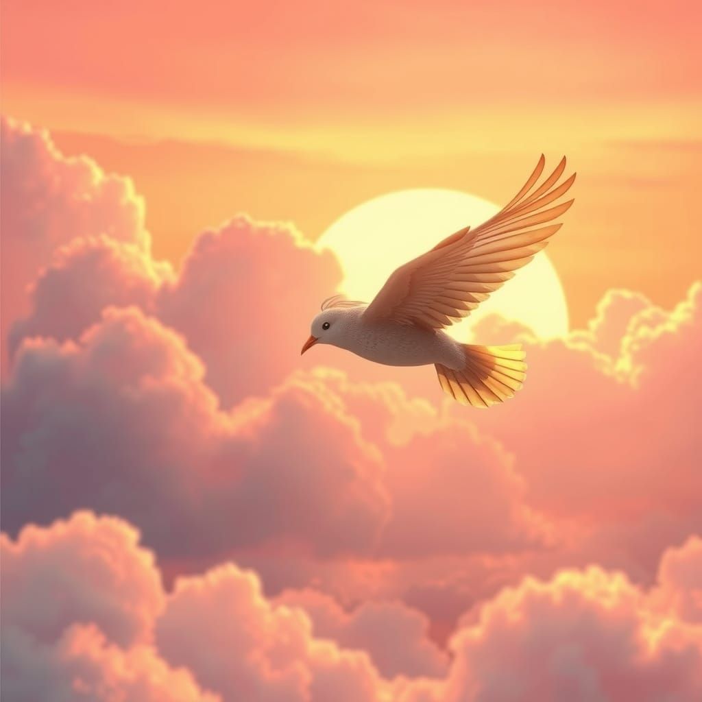 Bird Soaring Through Sunrise Sky, Dreamy Art