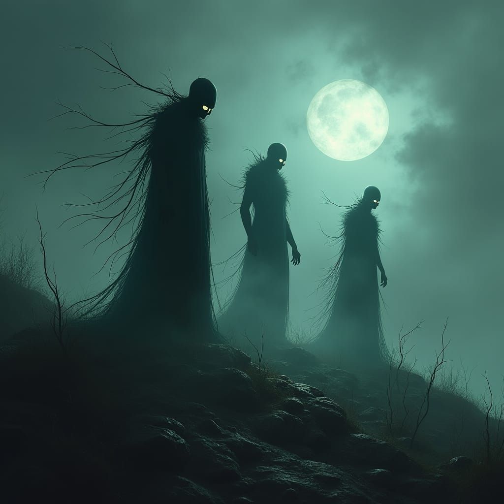 Eerie Humanoid Figures on Hills in Gothic Horror Style