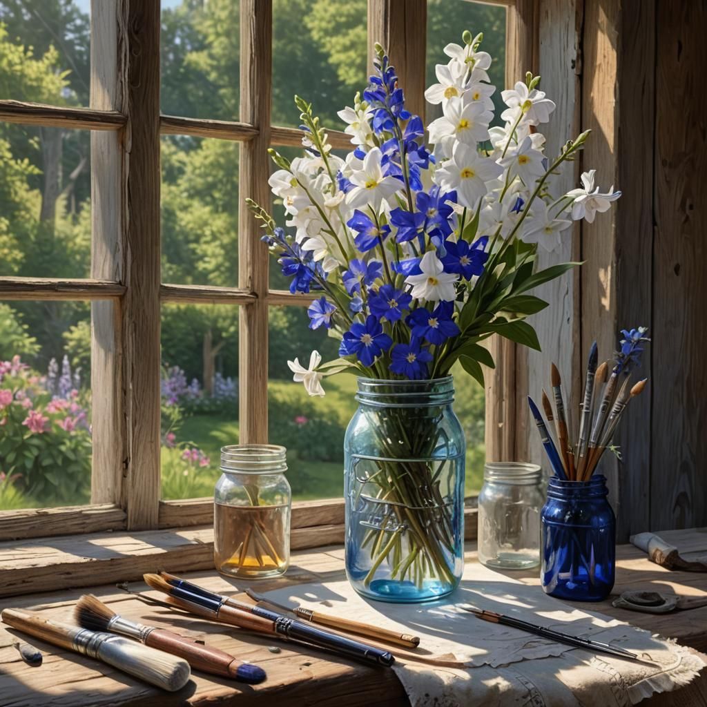 Hyperrealistic Bouquet of Flowers with Paintbrushes