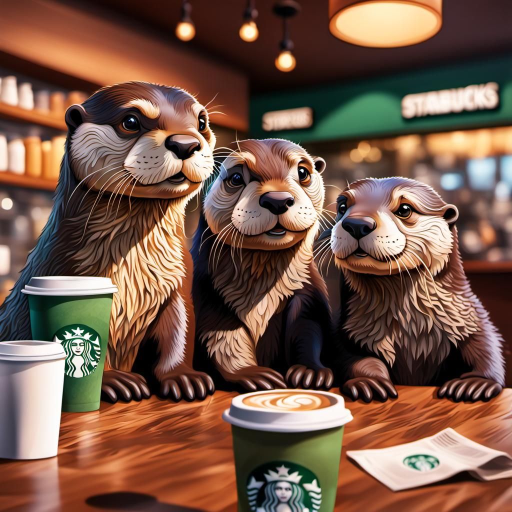 Hyperrealistic Otters Enjoying Starbucks Coffee