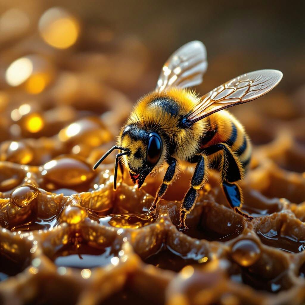 Hyper-Realistic Honeybee on Dark Honeycomb Background