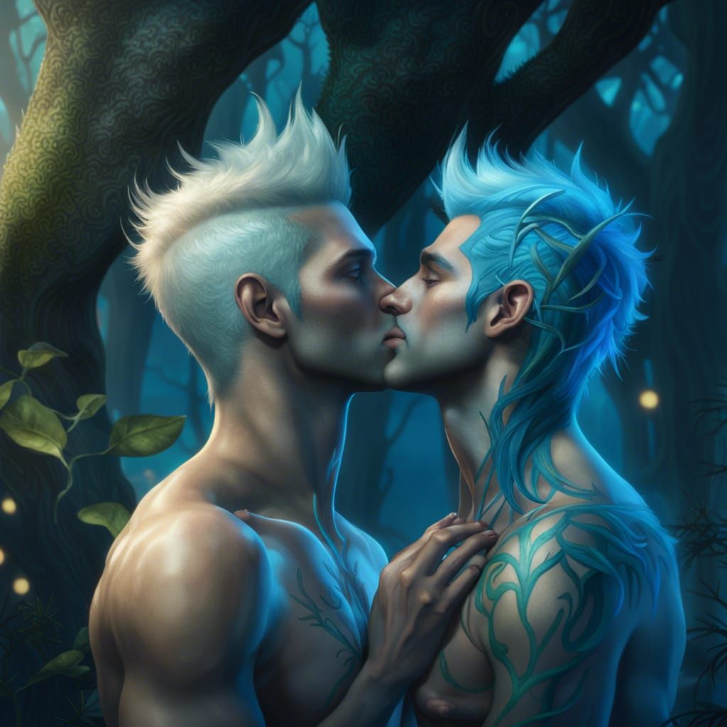Passionate Kiss Between Elves in Enchanted Forest