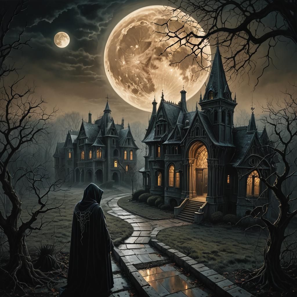 Gothic Surrealism: Hooded Figure at Haunted Mansion