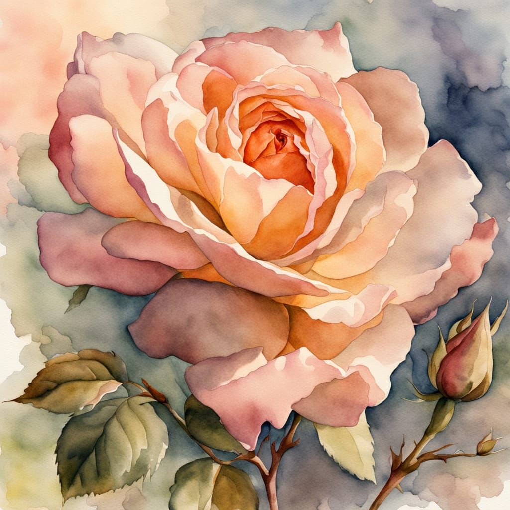 Delicate Watercolor Tea Rose Botanical Illustration