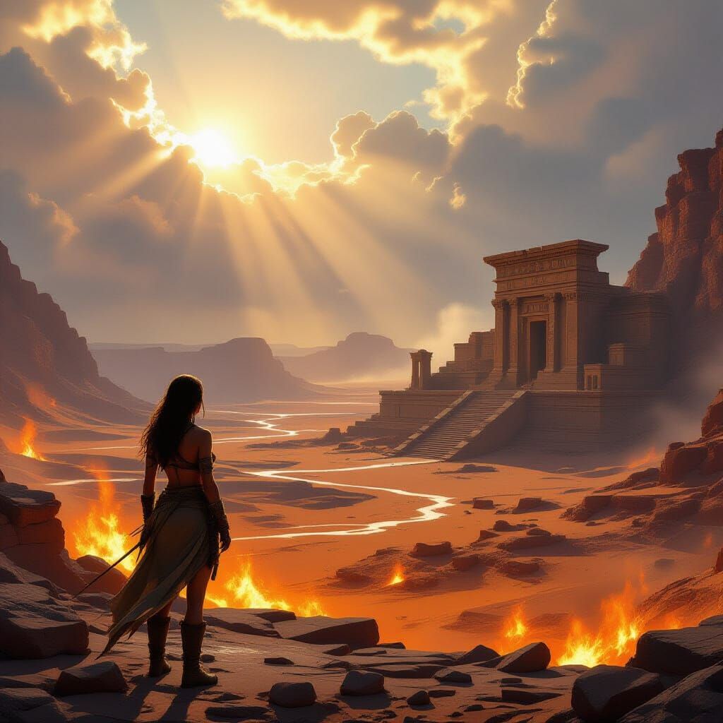 Female Explorer in Fiery Landscape with Ancient Ruins