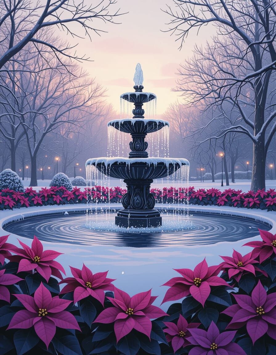 Frozen Fountain Park Scene with Violet Poinsettias