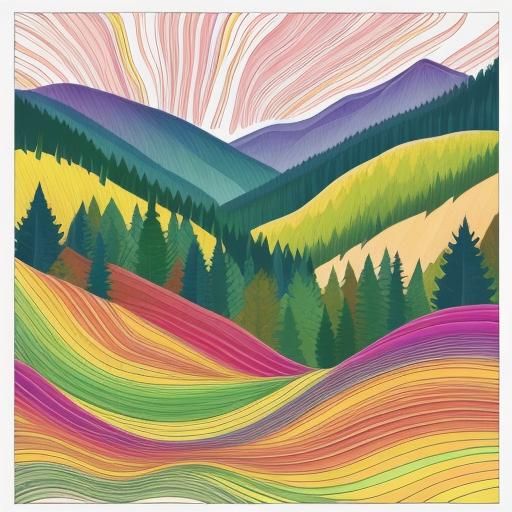 Multicolor Line Art of Hilly Forest Landscape