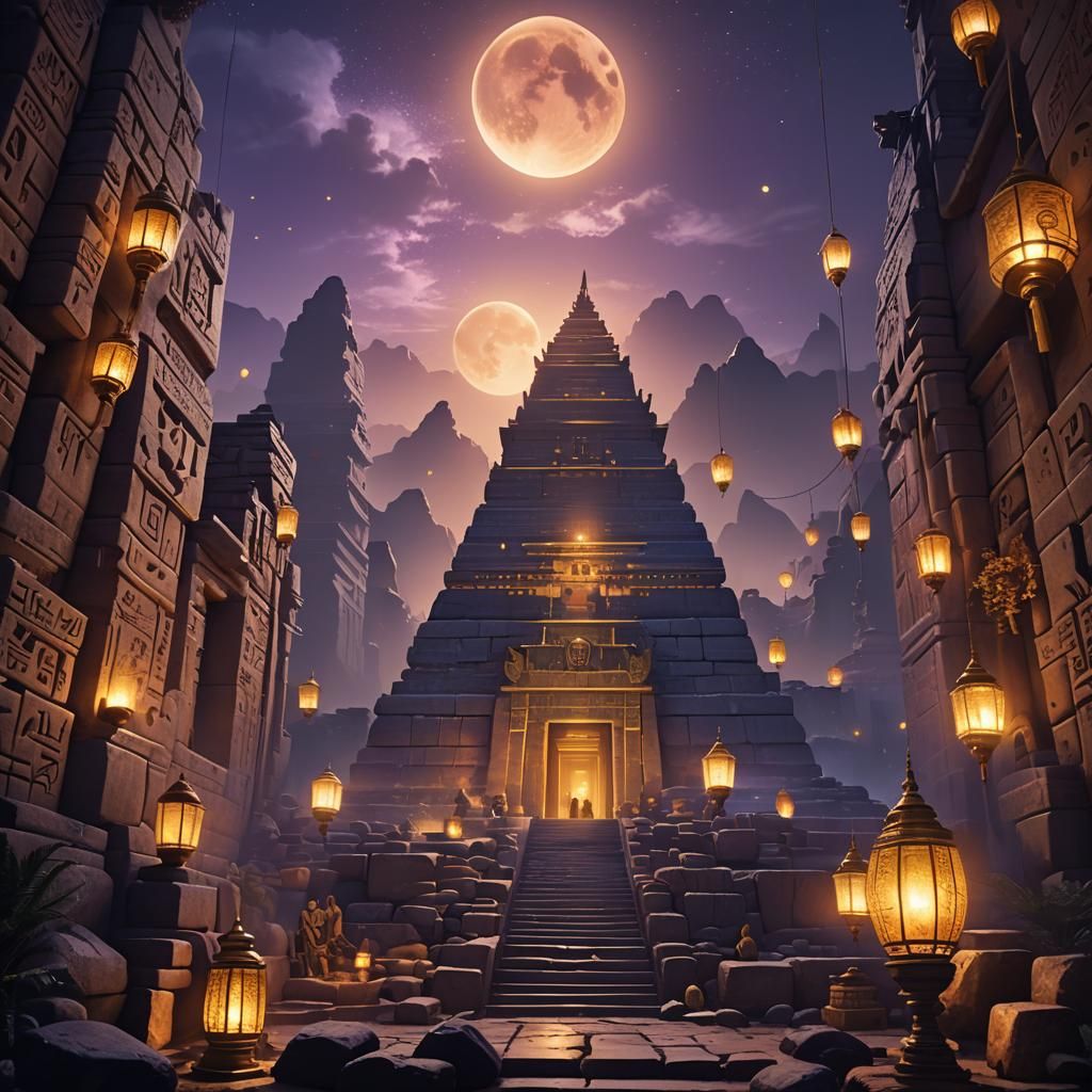 Mummies Party in Pyramid Under Full Moon