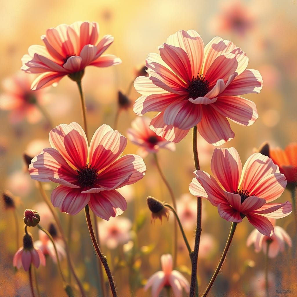 Impressionist-Style Blooming Flowers in Golden Light