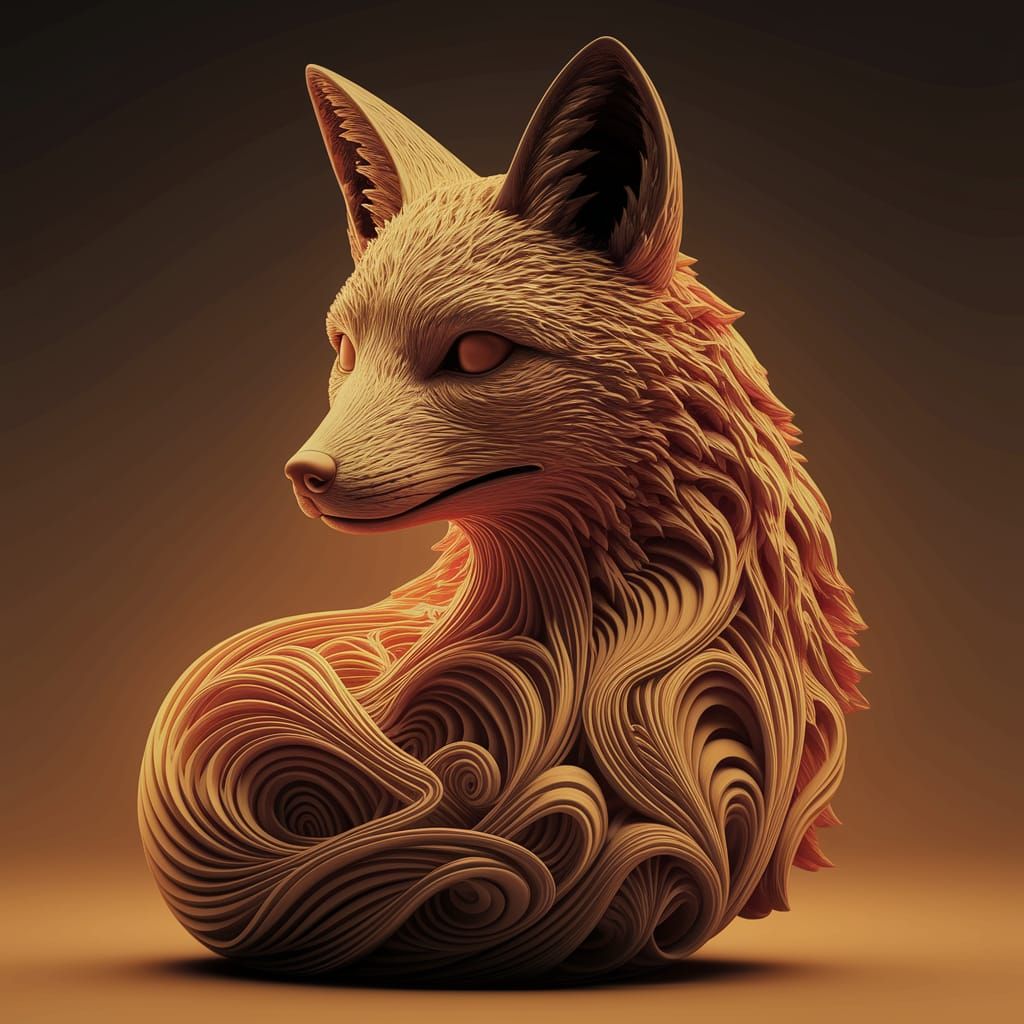Intricate Abstract Fox Sculpture in Amber and Gold