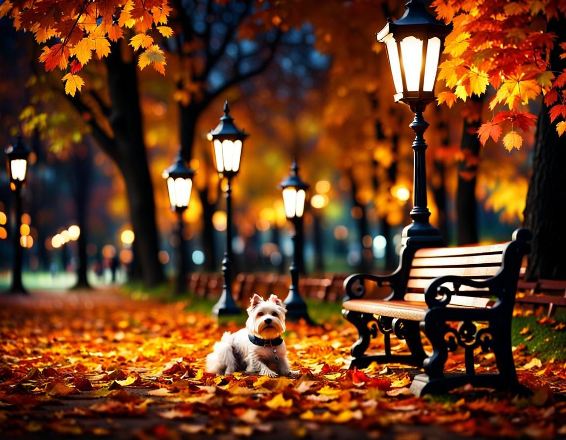 Dog in Autumn Park at Night, Tilt-Shift Steampunk