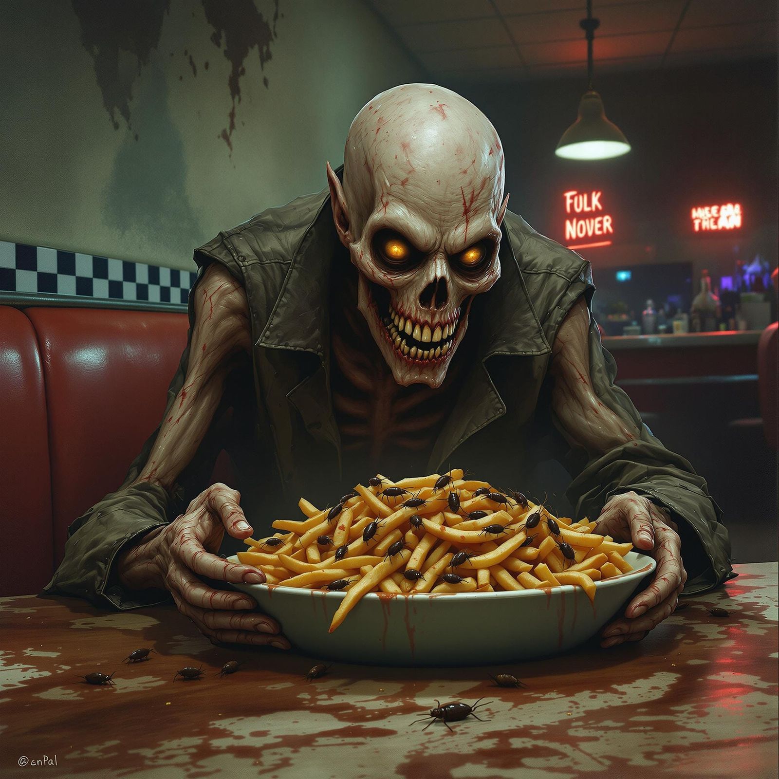 Gruesome Diner Feast in Hellish Landscape