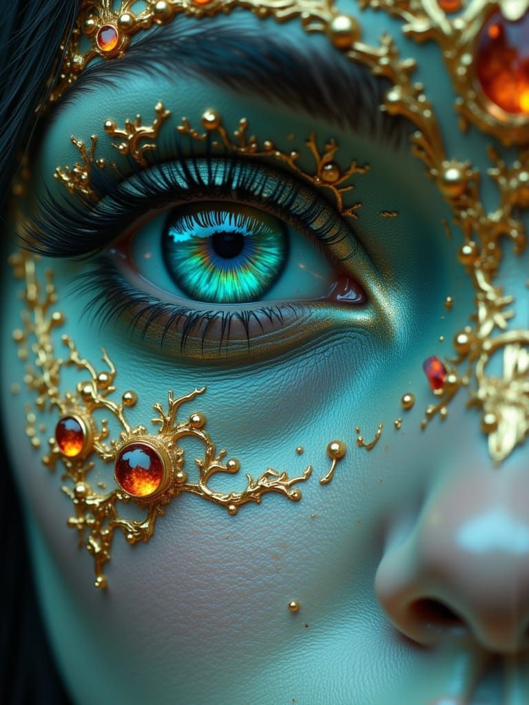 Surreal Dark Elf Eye Macro Shot with Gold Filigree