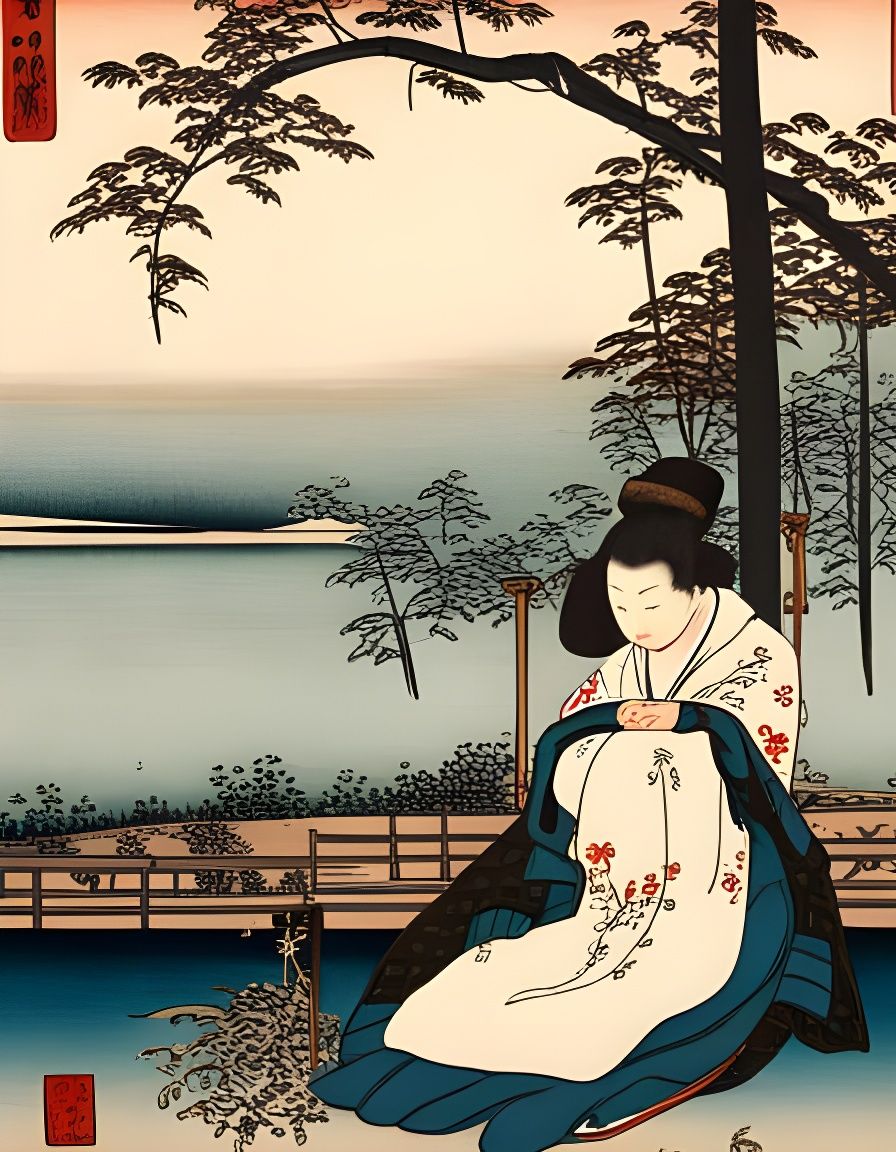 Ukiyo-e Style Woman on Swing in Park