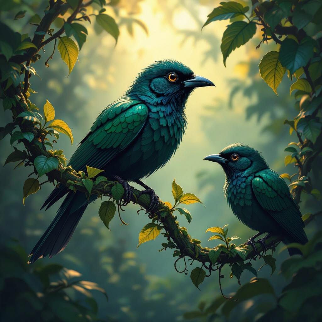 Vinebeak Birds in Dark Fantasy Jungle Art