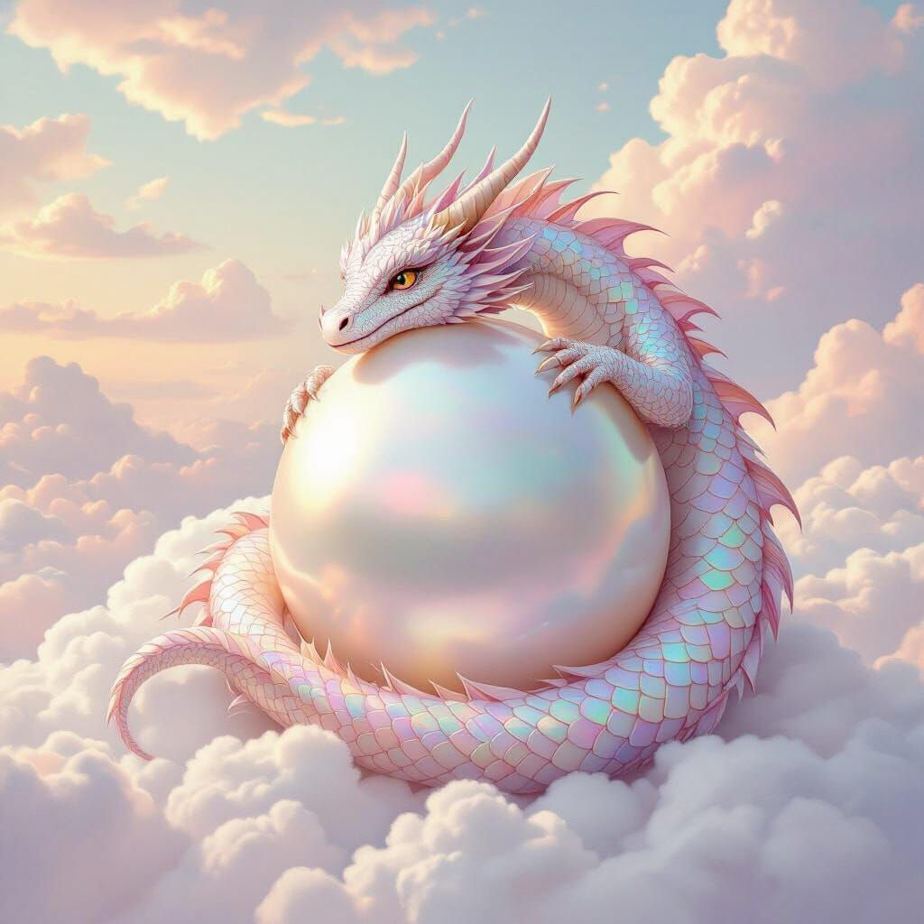 Dragon on Clouds with Pearl in Pastel Colors